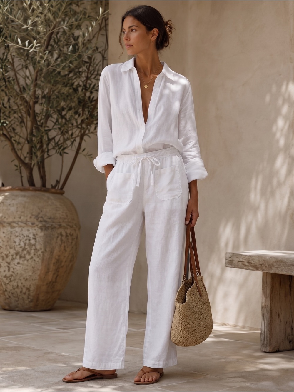 VINTAGE PER SE White Linen Pants